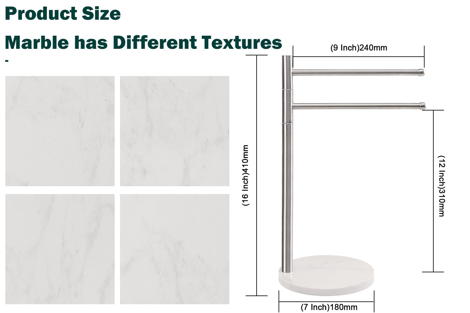 Bathace Hand Towel Holder, F-Shape Hand Towel Stand With Marble Base, Stainless Steel Swivel Stand Hand Towel Rack Free-Standing