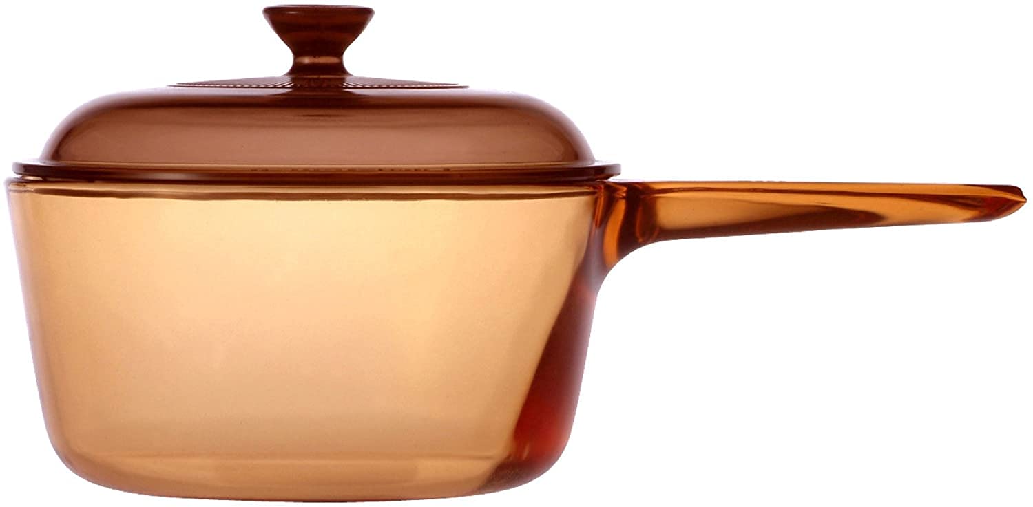 Vintage Corning Visions Visionware 1.5L Amber Sauce Pan Pot W/ Lid