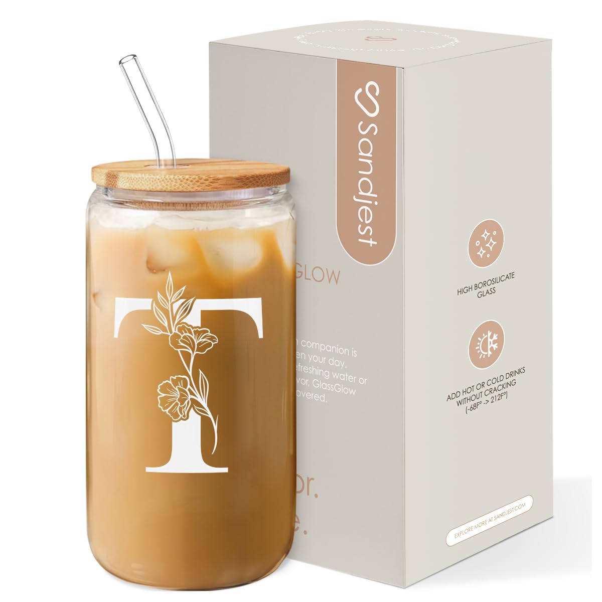 SANDJEST Monogrammed Gifts for Women - Monogram T Initial Glass Cup 16 Oz Can Coffee Cups with Lid and Straw - Monogram Initials