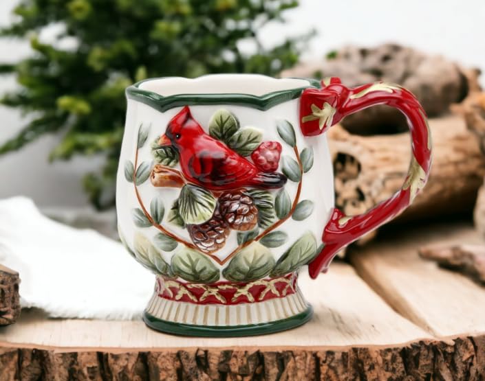 Fine Ceramic Red Cardinal With Pine Cone Mug Set Of 4 (4 Pcs Set), 4 7/8'' L