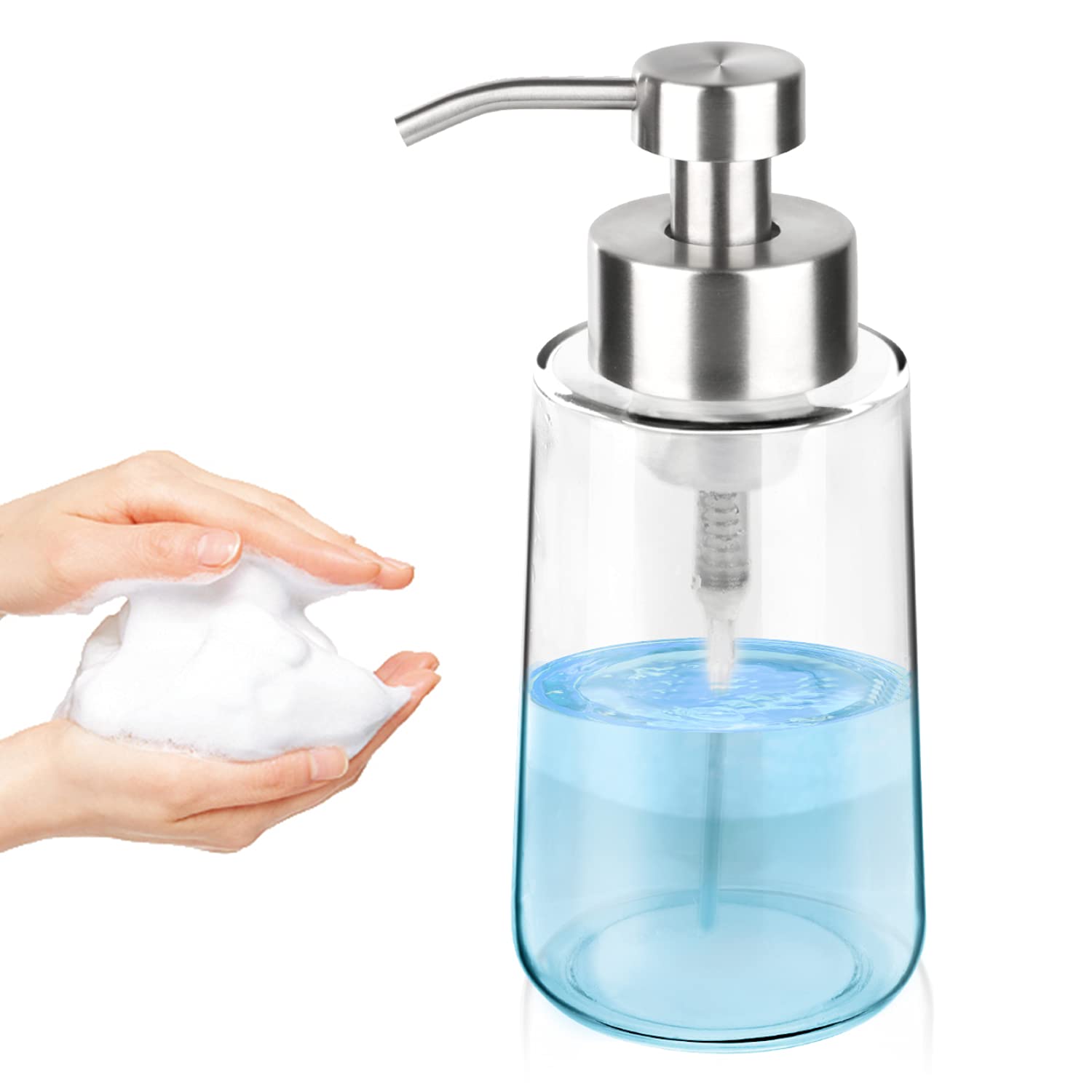 Glubee Foaming Soap Dispenser, 15 Oz Glass Hand Soap Dispenser With Rust Proof Stainless Steel Pump, Refillable Clear Foam Soap