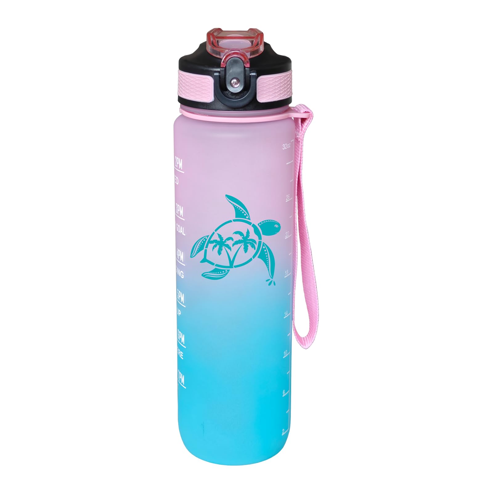 Fenmshairy Sea Turtle Water Bottle with Straw, LeakProof, Carry Strap, BPA Free, 32 Oz Motivational Sport Water Bottle with Time