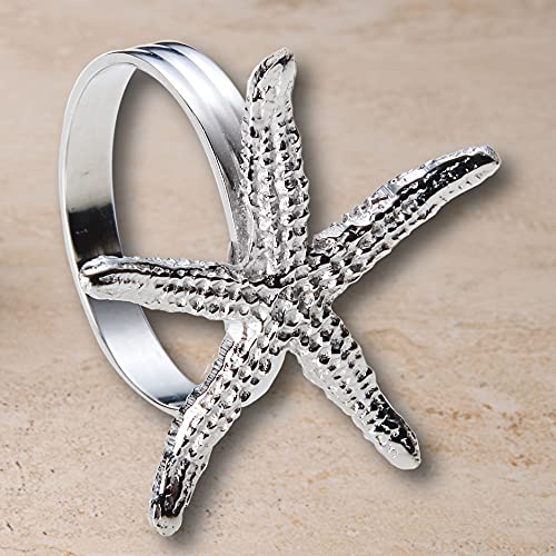 Nautical Napkin Rings, Set Of 4 Star Fish Shell Shaped Napkin Rings For Cloth Napkins In Elegant Silver Finish