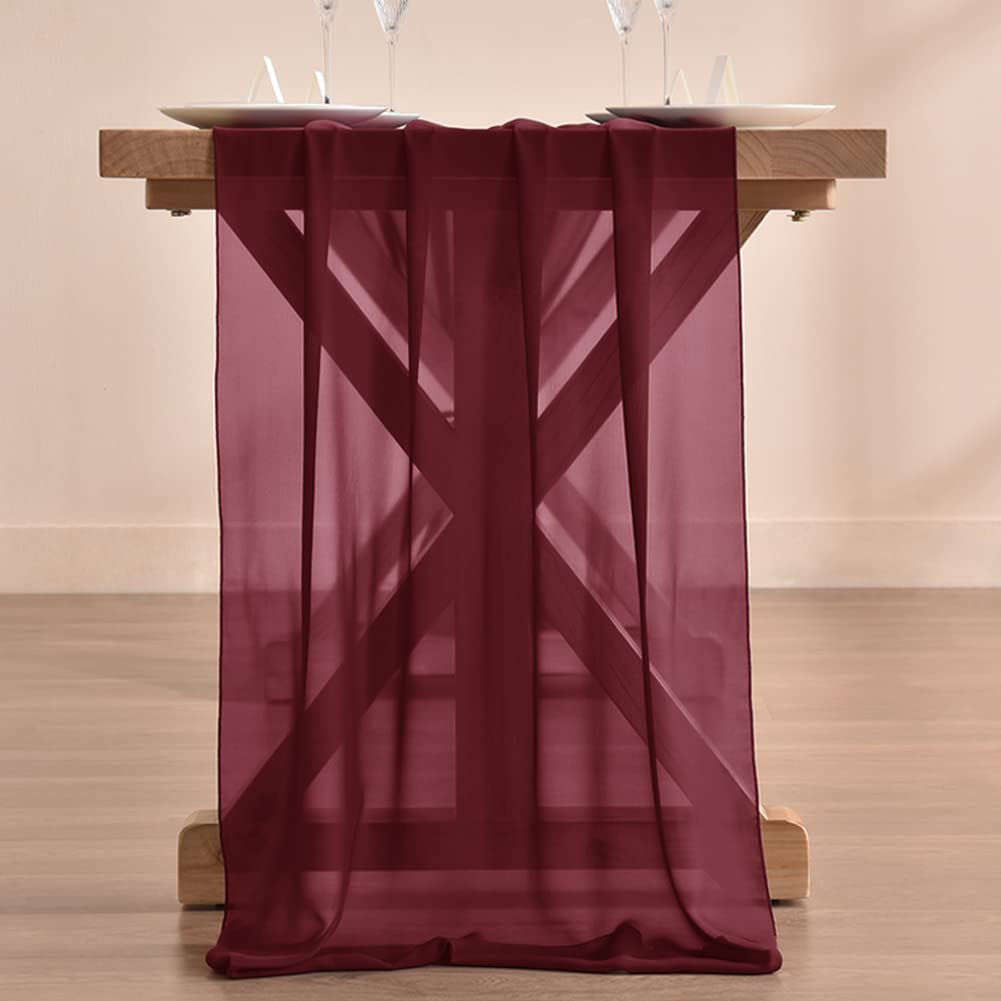 Socomi 10Ft Burgundy Chiffon Table Runner 29X120 Inches Wedding Runner Sheer Thanksgiving Christmas Bridal Shower Decorations