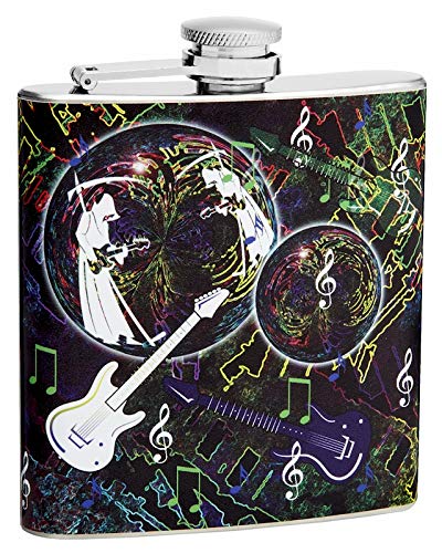 Hip Flask Gift Set with Refill Funnel and 2 Stainless Steel Shot Glasses  Guitar Music Themed Design  Multicolor Wrapped Vinyl