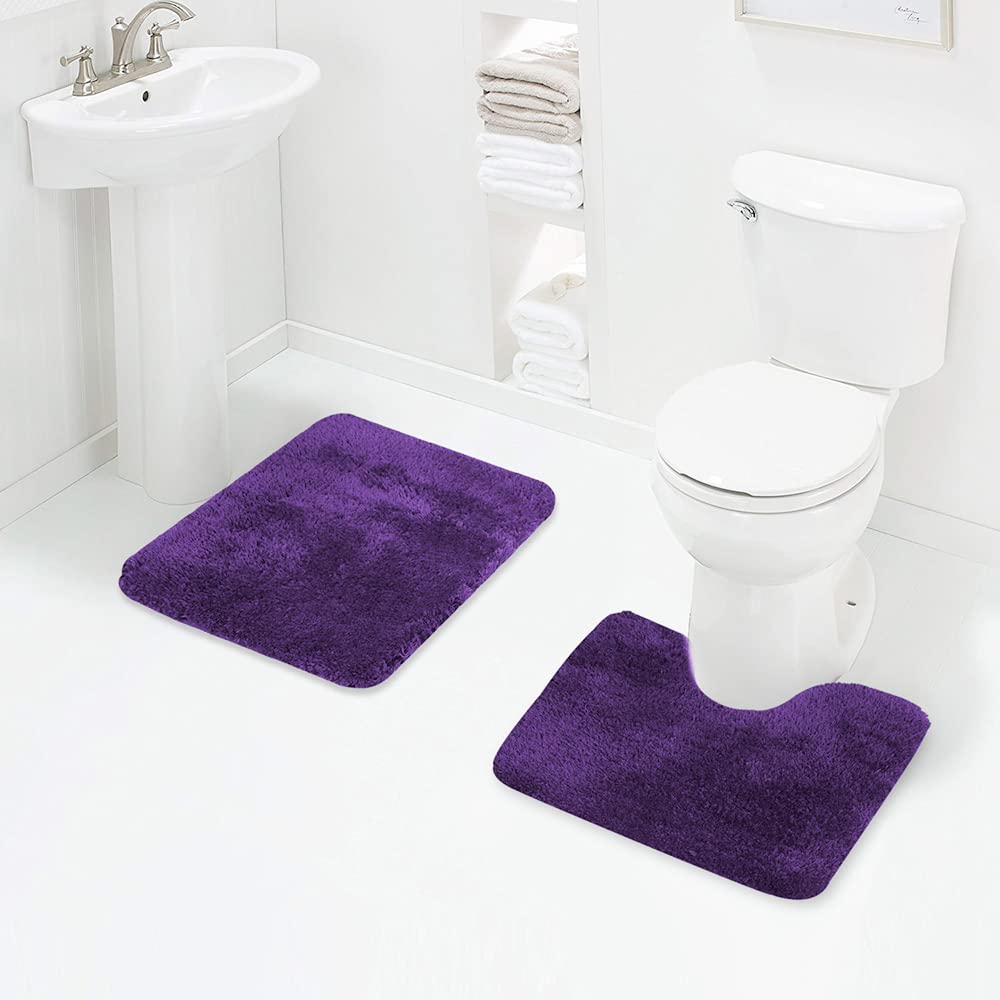 Walensee Shaggy 2 Piece Bath Rug Sets (Dark Purple) 20 X 24 U Shape Contour Rug & 20 X 32 Bathroom Rug Machine Wash/Dry Bath Mat