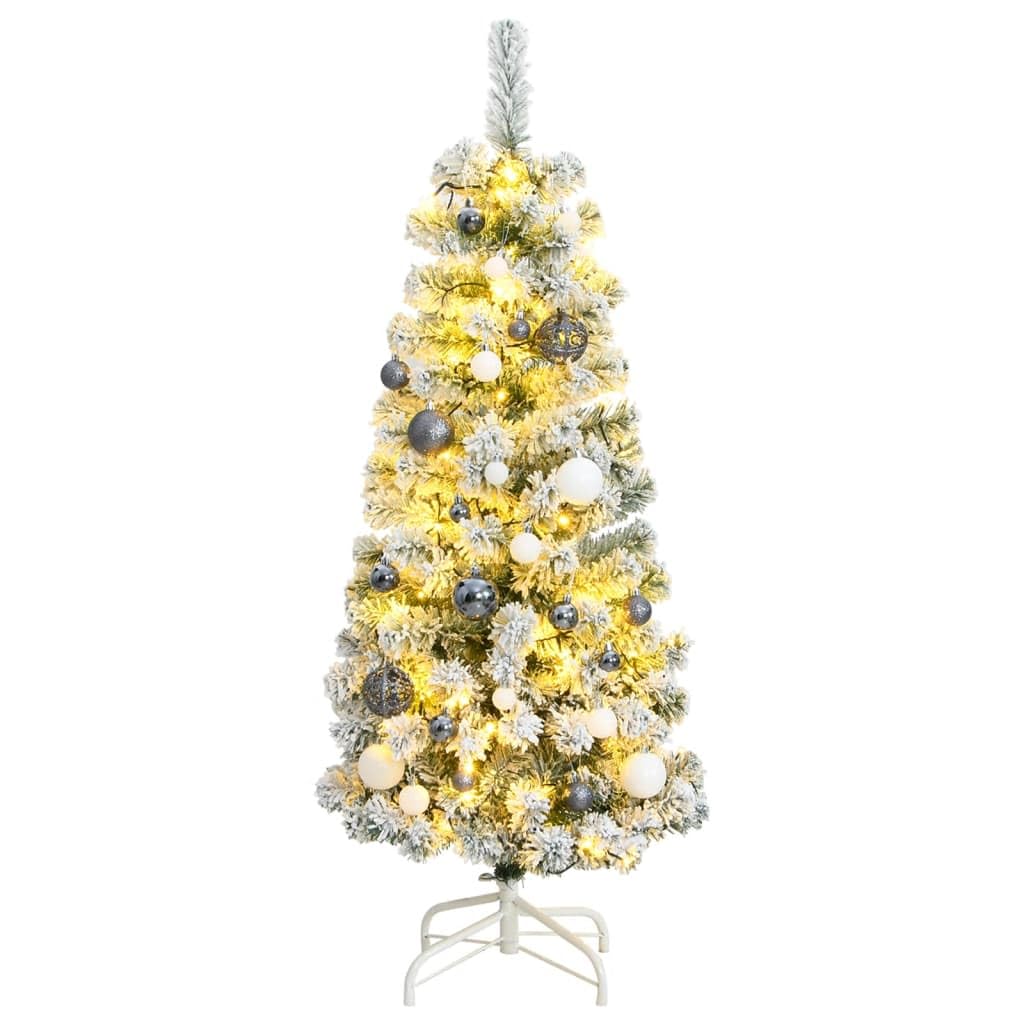 vidaXL Artificial Hinged Christmas Tree with LED Lights and Decorative Ball Set - 47.2    Height, Green/White, with Sturdy Stand