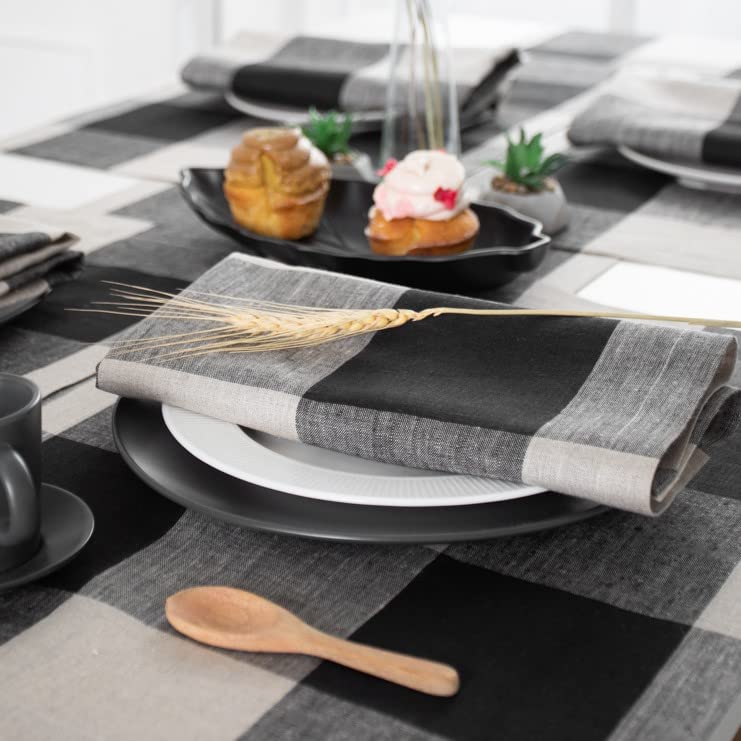 D'Moksha Homes Buffalo Check Linen Placemats Set Of 4-100% Pure Linen Black And Natural Plaid Placemats 14 X 19 Inch - Machine W