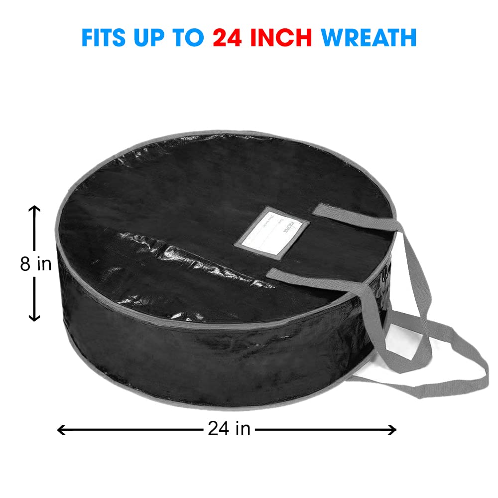 ProPik Wreath Storage Bag 24 '' - Garland Holiday Container Tear Resistant Material - Easy Storage Featuring Heavy Duty Handles and Transparent Card Slot 24? X 24? X 8? (Black)