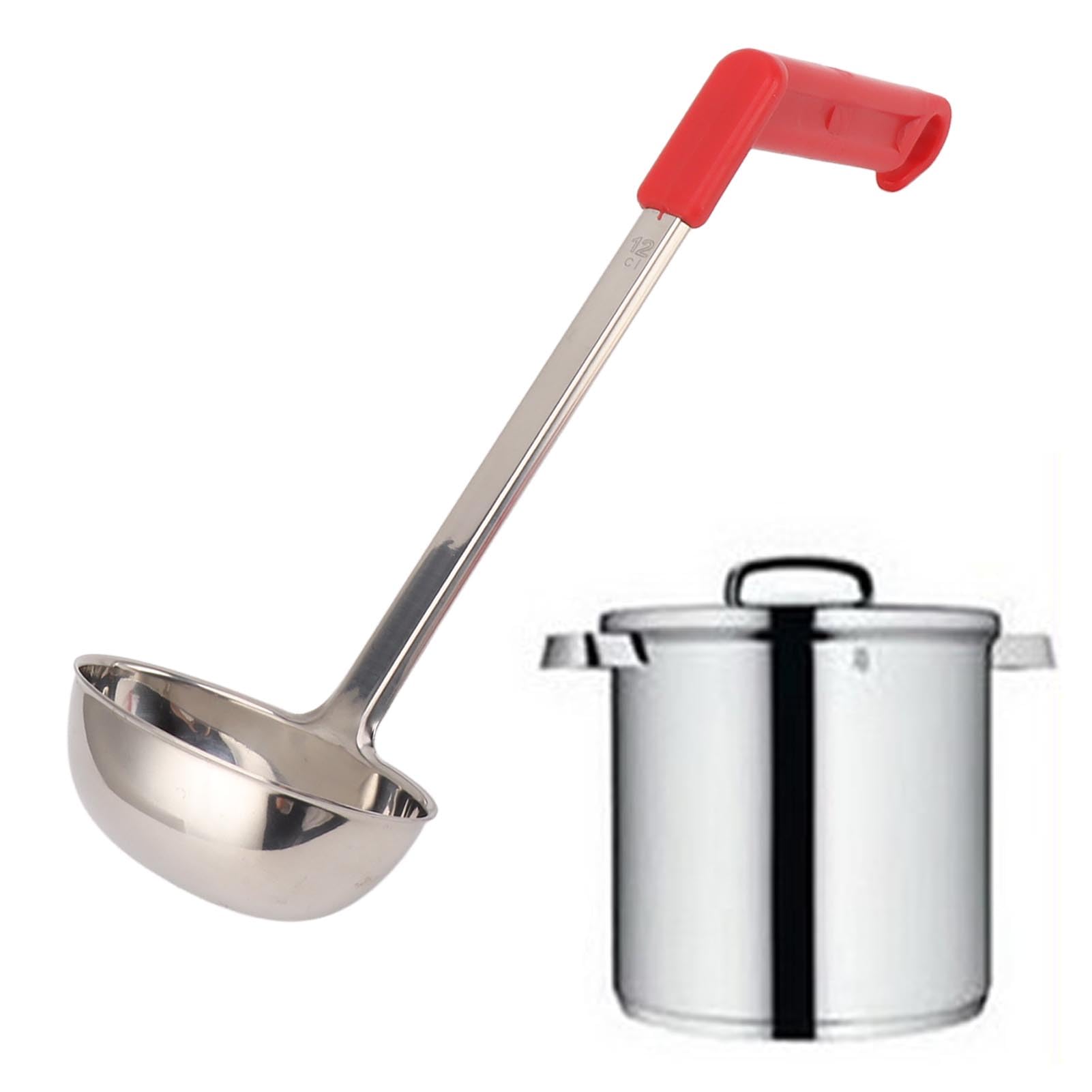 80ml Soup Ladle, Stainless Steel Long Handle Serving Spoon with Curved Ergonomic Grip Heat Resistant Plastic Handle Multi Purpos