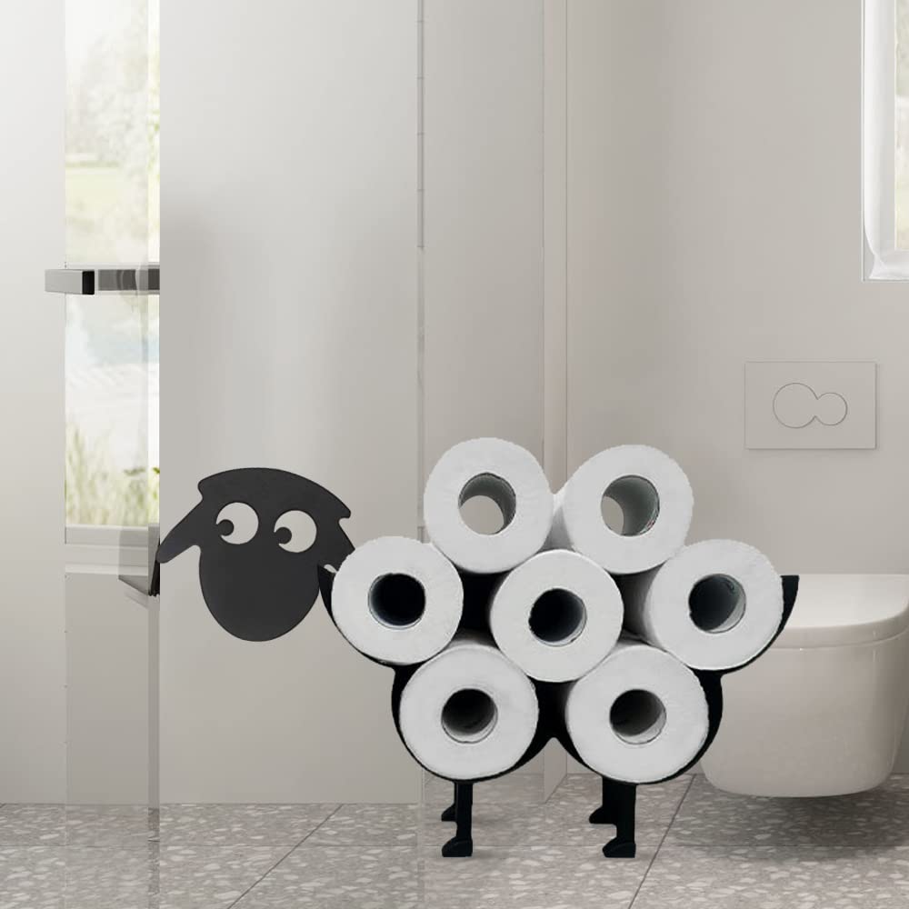 Metal Toilet Tissue Paper Roll Holder Storage, Cute Sheep Novelty Black Bathroom Kitchen Powder Room Decor Wall Art, Fun Accesso