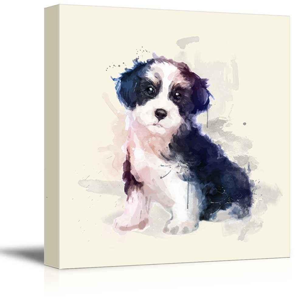 Wall26 Square Dog Series Canvas Wall Art - Watercolor Style Black And White Hair Dog - Giclee Print Gallery Wrap Modern Home Art
