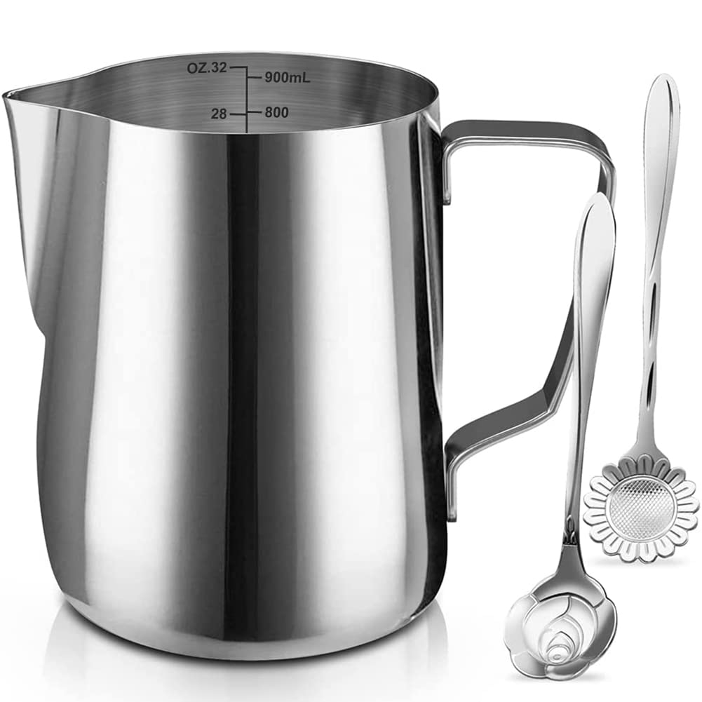 Milk Frothing Pitcher Cup, 32Oz/900Ml Milk Frother Cup Stainless Steel Steaming Pitcher Milk Jug Coffee Latte Art Cappuccino Esp