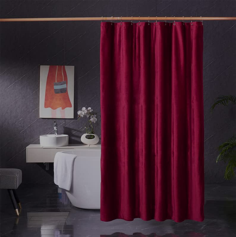 Velvet Burgundy Shower Curtains For Bathroom,260 Gsm Heavy-Duty Red Fabric Luxury Shower Curtain With Hooks, Washable, Thicken,W