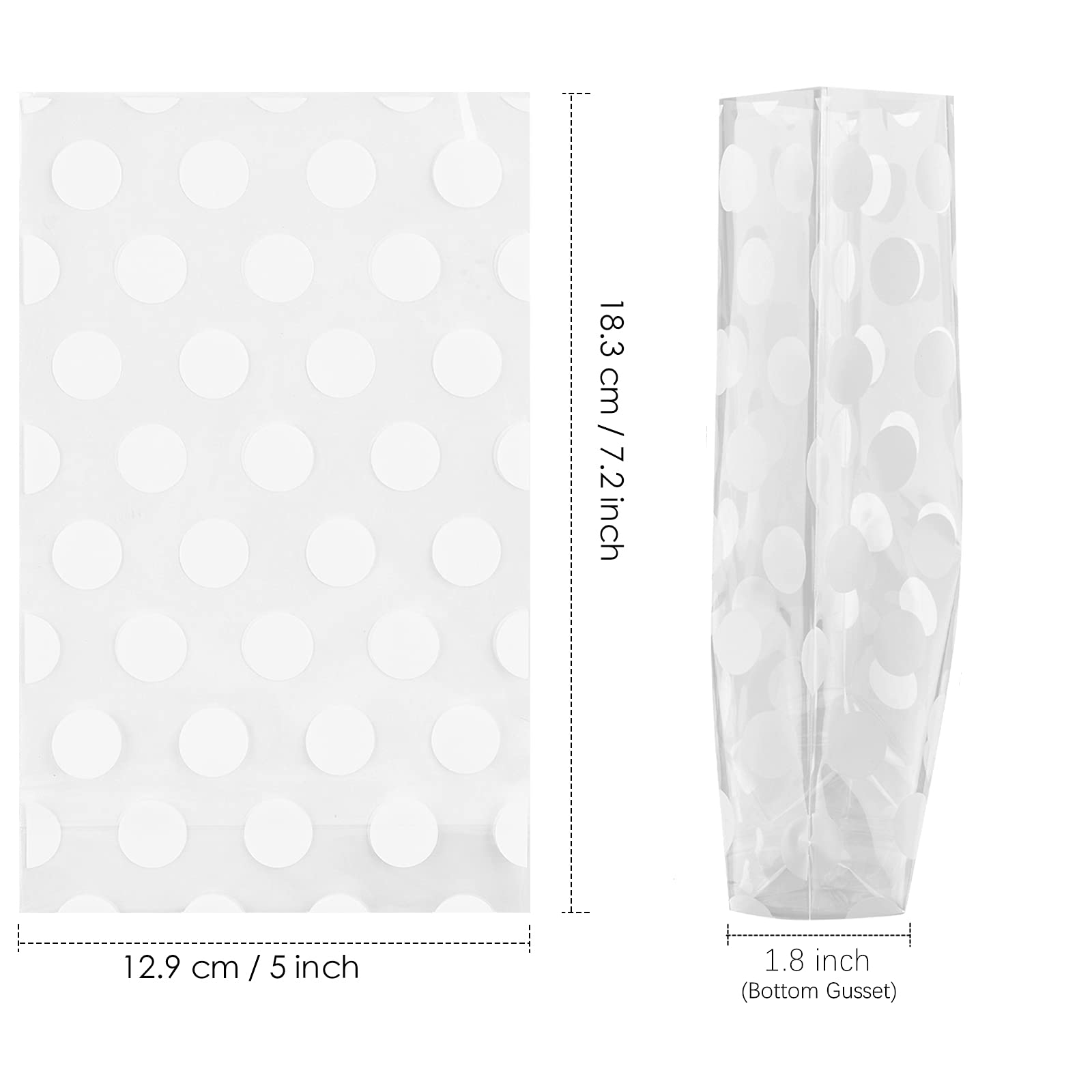 Joersh 8.1'' X 5'' Bottom Gusset Clear Plastic Cookie Bags With Ties 200 Pack, White Polka Dots Pattern Small Candy Bags Treat B