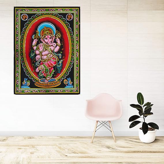 Rastogi Handicrafts Cotton Wall Hanging Indian Goddess Indian Deity 40'' X 30'' Poster Size (Dancing Ganesh-G)
