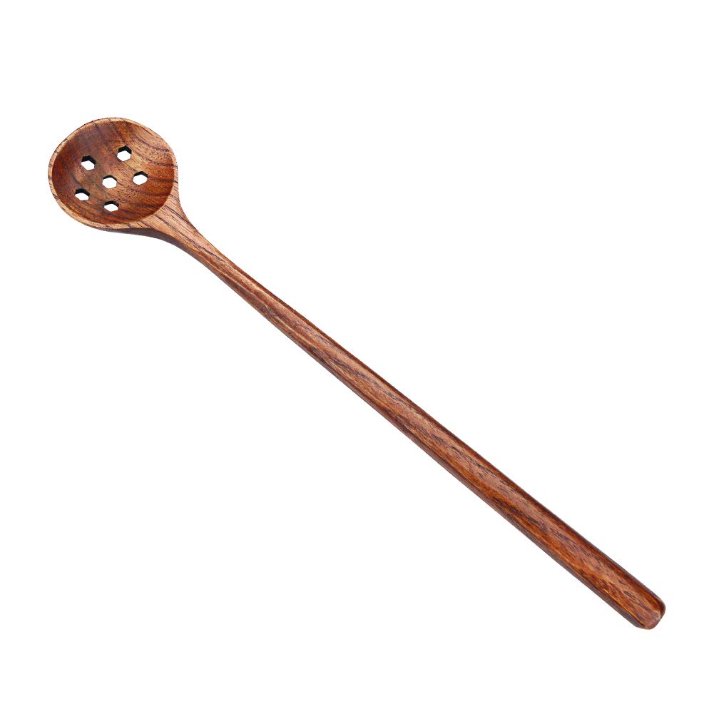 1 Pc Korean Style 10.9'' Long Handle Wooden Round Slotted Spoons For Jam Olive