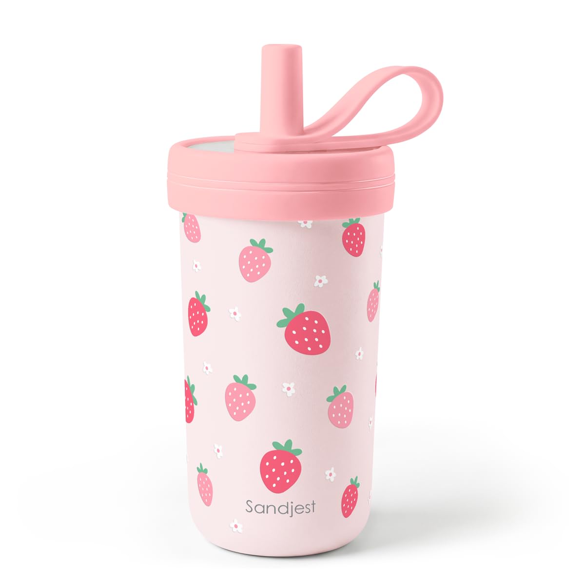 SANDJEST Kids Stainless Steel Tumbler with Silicone Straw 14oz, Strawberry Insulated Drinking Cup for Children, Girls for Back T