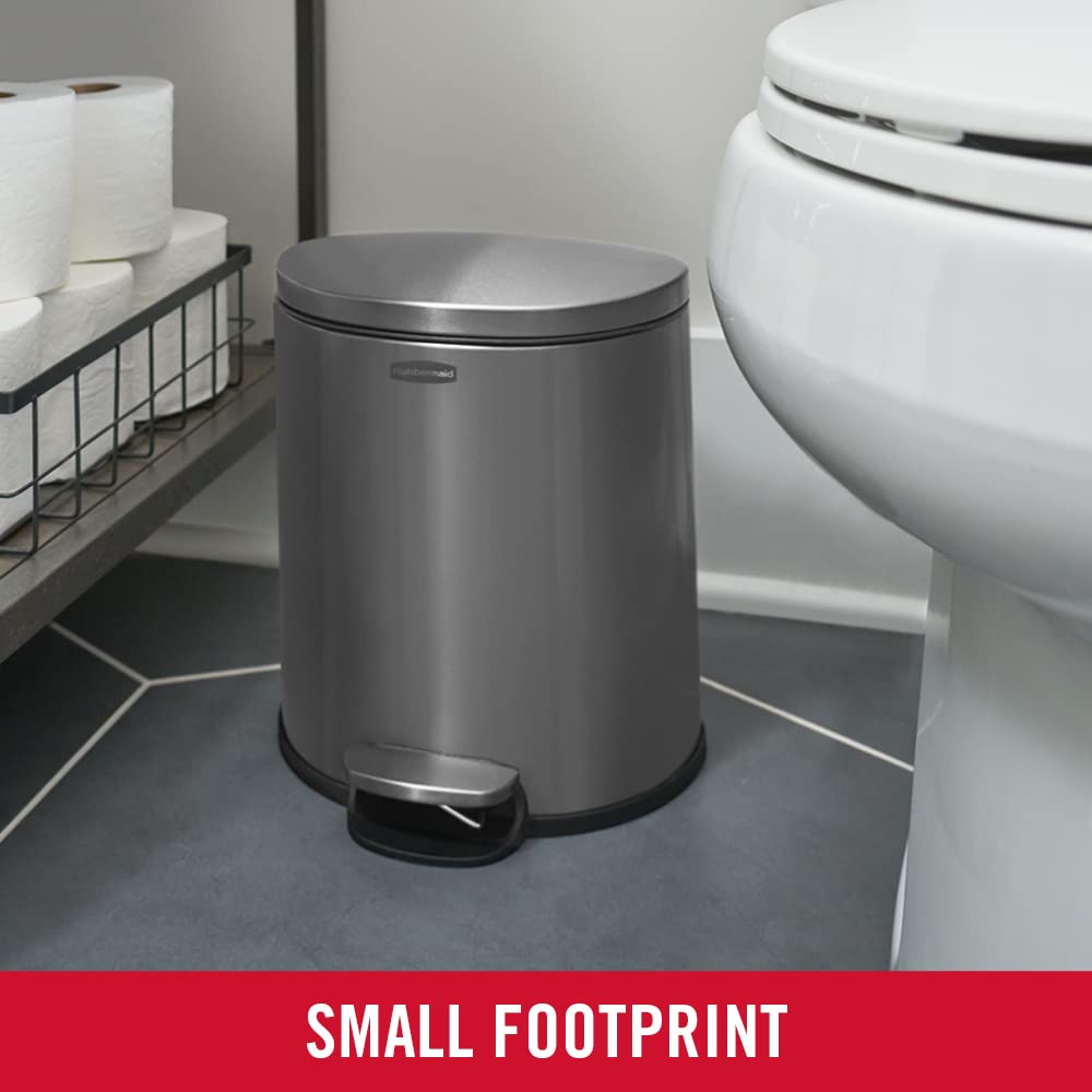 Rubbermaid Stainless Steel Semi-Round Step-On Trash Can, 1.6-Gallon, Charcoal, Small Wastebasket With Lid For Home/Kitchen/Bathr