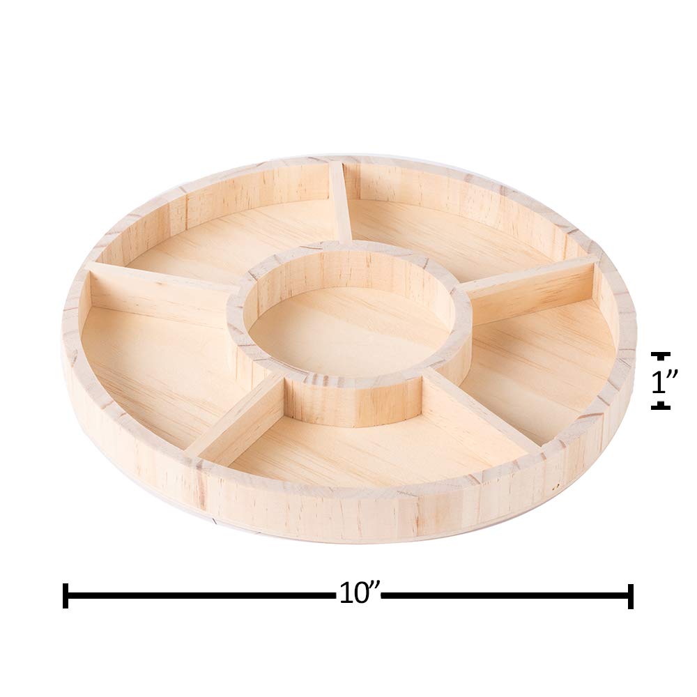 Wooden Tray With 6 Sections - 2 Pack Round Tray Chip And Dip Platter - Divided Serving Tray For Appetizers & Snacks - Veggie Pla