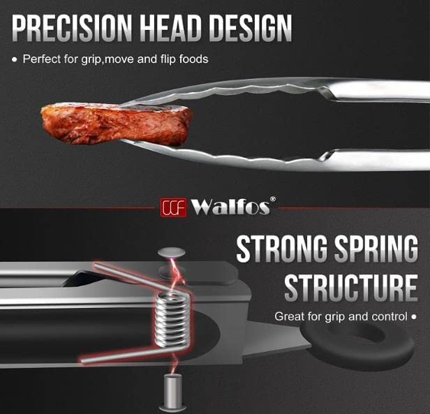 Walfos Stainless Steel Kitchen Tongs For Cooking, Bbq - 7 ,9, 12 And 14 Inch,Set Of 4 Heavy Duty Locking Metal Food Tongs Non-Sl