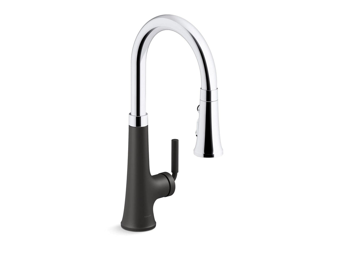 Kohler 23764-Cbl Tone Pull Down Kitchen Faucet, Kitchen Sink Faucets With Pull Down Sprayer, Polished Chrome With Matte Black