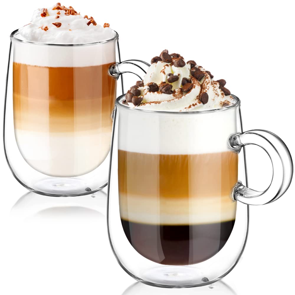 Glastal Double Walled Glass Coffee Mug 12 Oz Cappuccino Cups Set Of 2, Clear Glass Coffee Cups With Handle, Insulated Borosilica