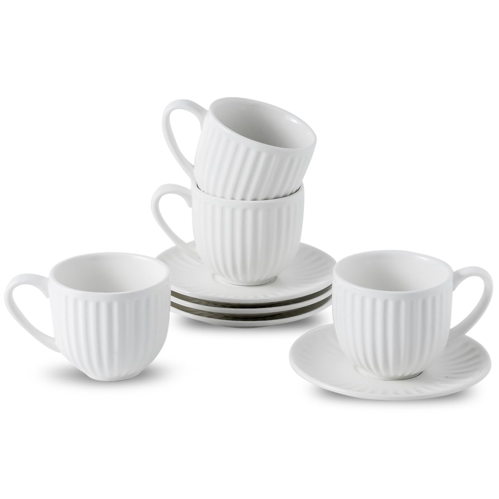 Hasense Porcelain Cappuccino Cups and Saucers Set of 4,White Ribbed 6 Oz Demitasse Tea Cup with big Handle, Mugs Set for Coffee,