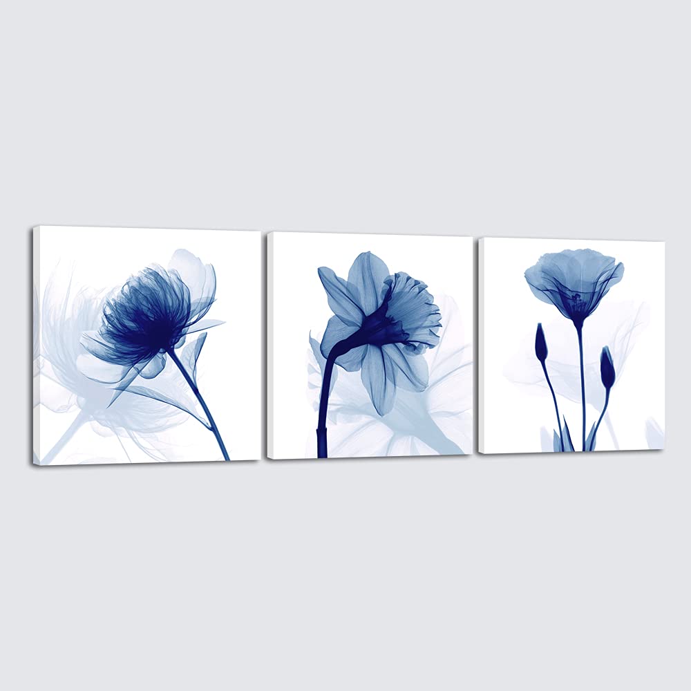 Wieco Art Blue Abstract Flowers 3 Panels Canvas Prints Wall Art Modern Pictures Artwork For Living Room Bedroom And Home Decorat