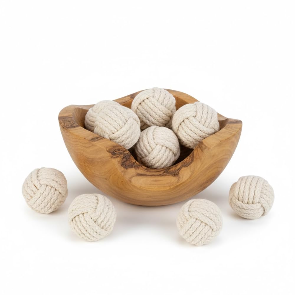 Set of 6 Cotton Rope Balls - Decorative Nautical Accents - for Vase Fillers, DIY Crafts, Rustic Living Room Decor - Handmade Kno