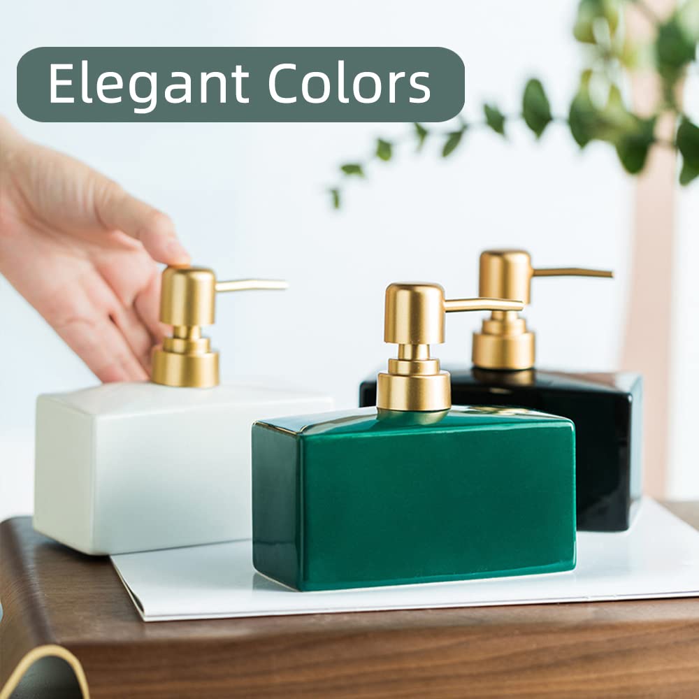 Modern Soap Dispenser With Matte Golden Pump For Bathroom, 13.5 Oz Ceramic Rectangle Lotion Dispenser, Refillable Dish Soap Disp