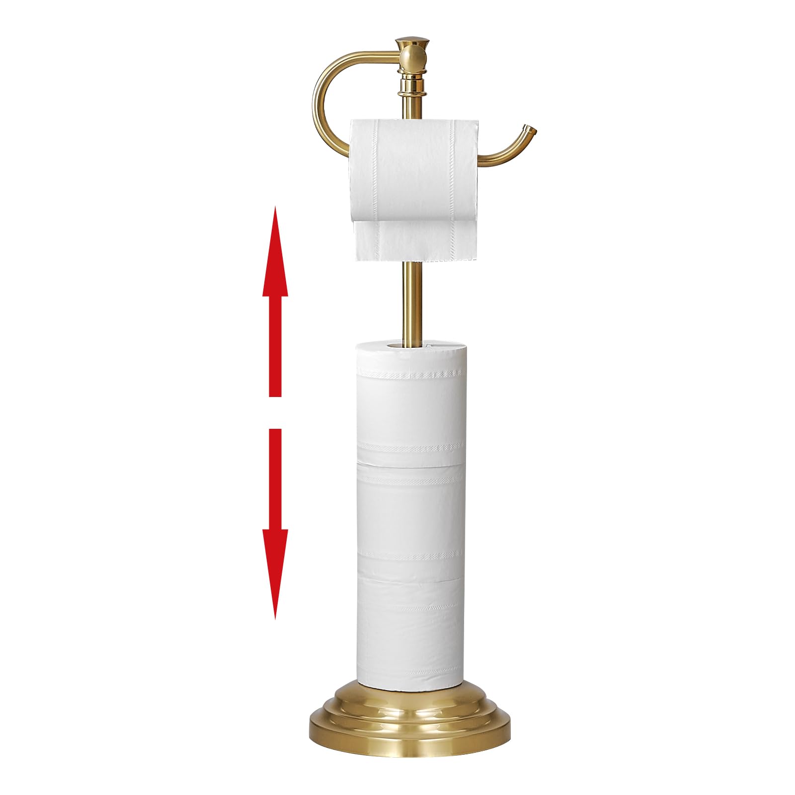RUMOSE Toilet Paper Holder Stand for Floor, Brushed Gold Adjustable (12.4 to 22.8) Bathroom Toilet Tissue Holder, Free Standing 