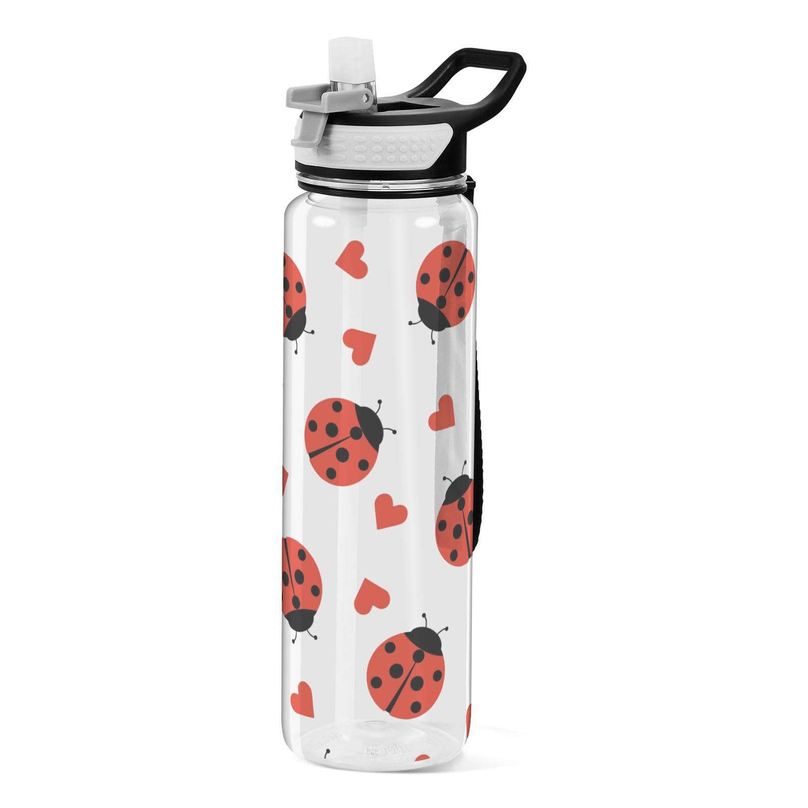 ALAZA Red Ladybugs Love Water Bottle 32 oz with Straw Lid, Leakproof Tritan BPAFree Clear Sports Bottles Carry Strap Water Jug 