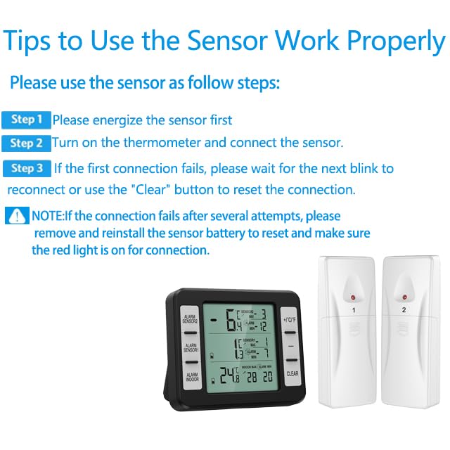 (New Version) Amir Refrigerator Thermometer, Wireless Indoor Outdoor Thermometer, Sensor Temperature Monitor With Audible Alarm