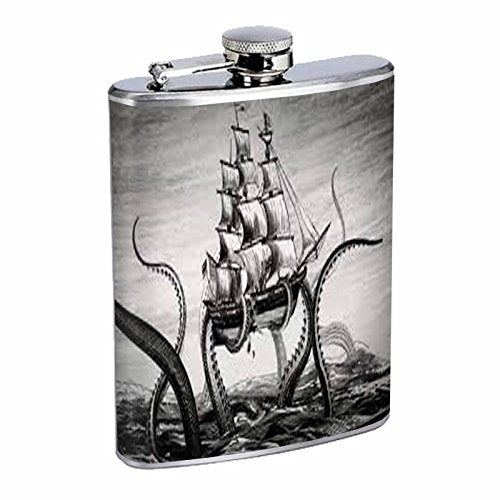 Octopus Kraken Flask D8 8oz Stainless Steel Scary Sea Monster Attacking