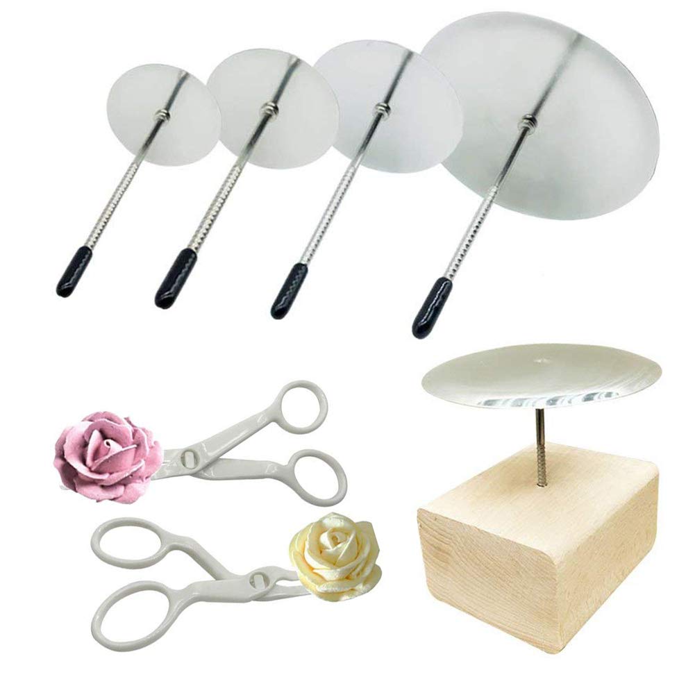 Woohome 7 Pcs Cake Decorating Supplies Includes 4 Pcs Cake Flower Nail, 2 Pcs Flower Lifters And 1 Pcs Wood Flower Nails Holder,