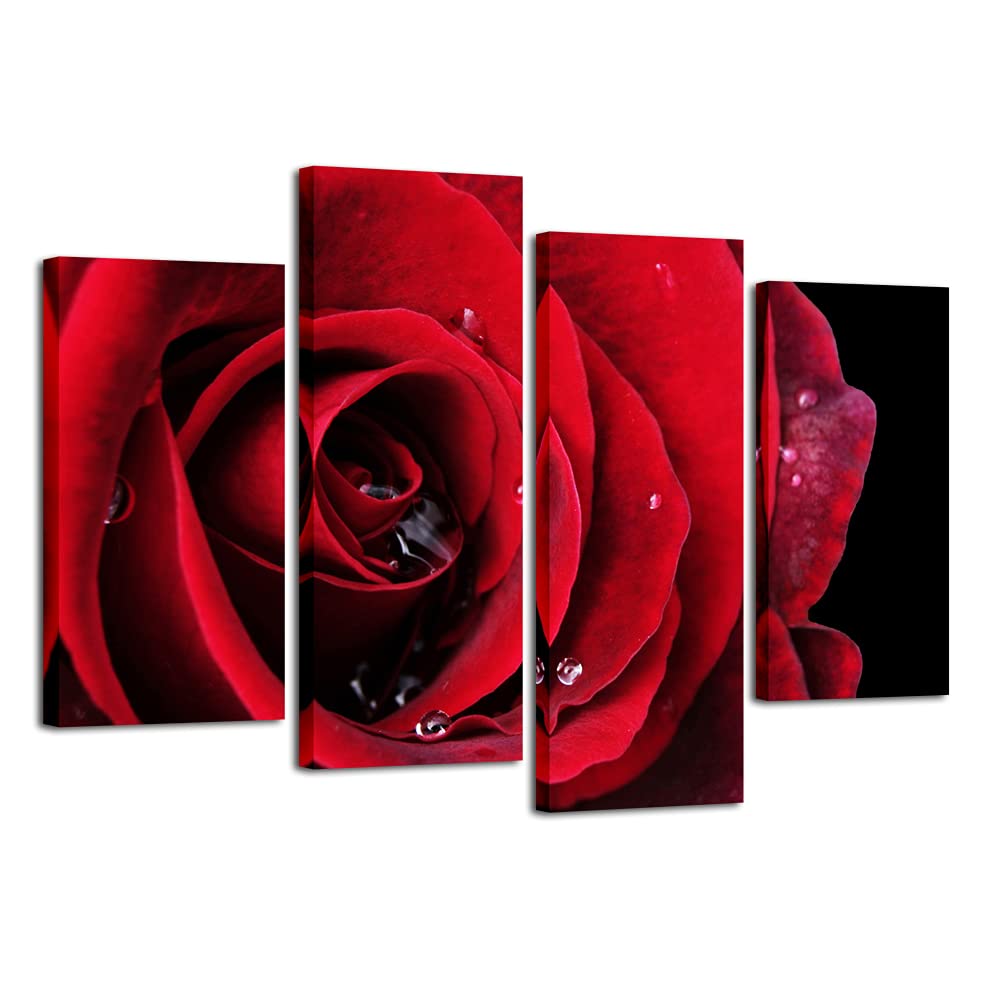 Wieco Art Red Rose On Black Large Modern Stretched And Framed Flowers Giclee Canvas Prints 4 Panels Floral Pictures Paintings On