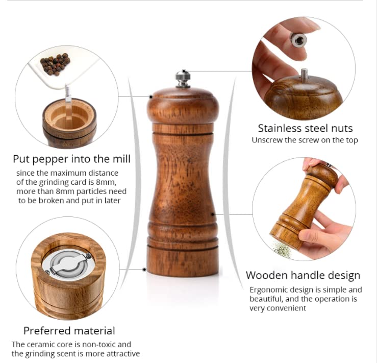Utoolmart Wooden Pepper Mills Shaker, 5 Inch Pepper Grinder And Salt Shaker Set With Adjustable Coarseness For Seasoning Meal Pr