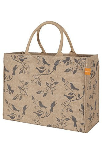 Kaf Home Jute Market Tote Bag With Birds Print, Durable Handle, Reinforced Bottom And Interior Zipper Pocket, Generous Capacity,