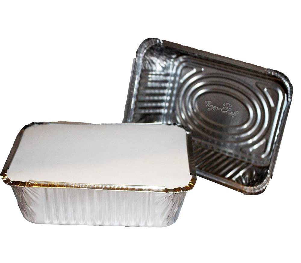 Tiger Chef Durable Aluminum Oblong Foil Pan Containers with Board Lids, 2-1/4 Pound Capacity, 8.44 x 5.89 x 1.8 Size (Pack of 10