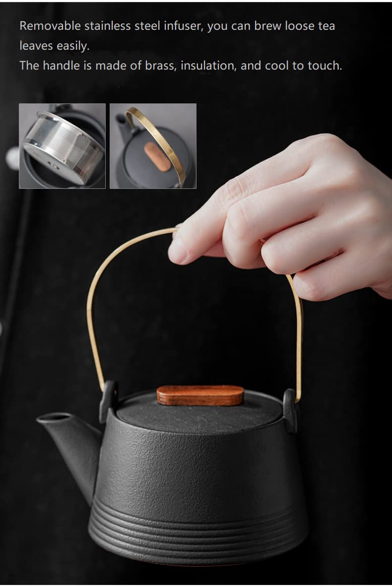 Trendvei Japanese Coarse Pottery Tea Set, Chinese Kungfu Loop-Handled Teapot With Infuser, 4 Cups And 1 Tea Tray