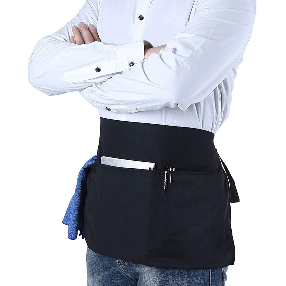 Lruuidde Server Aprons With 3 Pockets, Black Server Waist Aprons, Waitress Half Apron,Waterdrop Resistant Waitress Apron (Black-