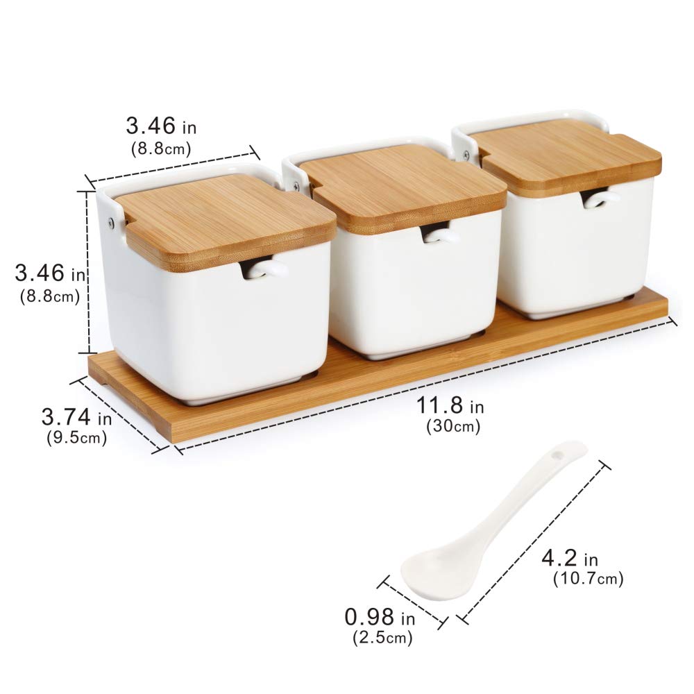 Lucky Goddness Set Of 3 Porcelain Sugar Bowl, 8.8 Fl Oz Condiment Pots With Spoons Bamboo Flip Lids Labels, Spice Salt Tray Serv
