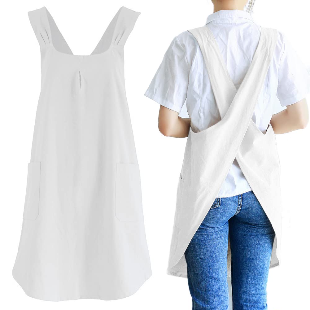 Newgem Japanese Linen Cross Back Kitchen Cooking Aprons For Men With Pockets For Baking Painting Gardening Cleaning White