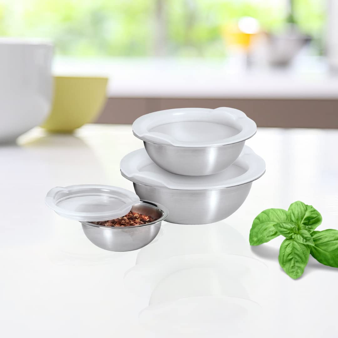 Oggi Set of 3 Mini Stainless Steel Pinch Bowls with Lids - 2oz/4oz/8oz Sizes - Ideal for Food Prep, Assorted Colors