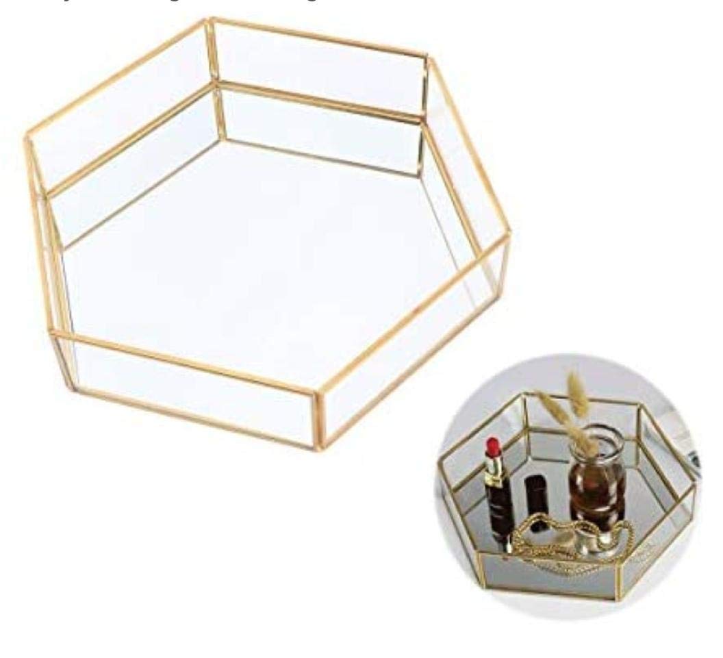 Ruhi Collections Hexagonal Glass With Brass Rim Mirror Base Vanity Makeup Tray For Home Decor Jewelry Organiser, Small, Golden, 