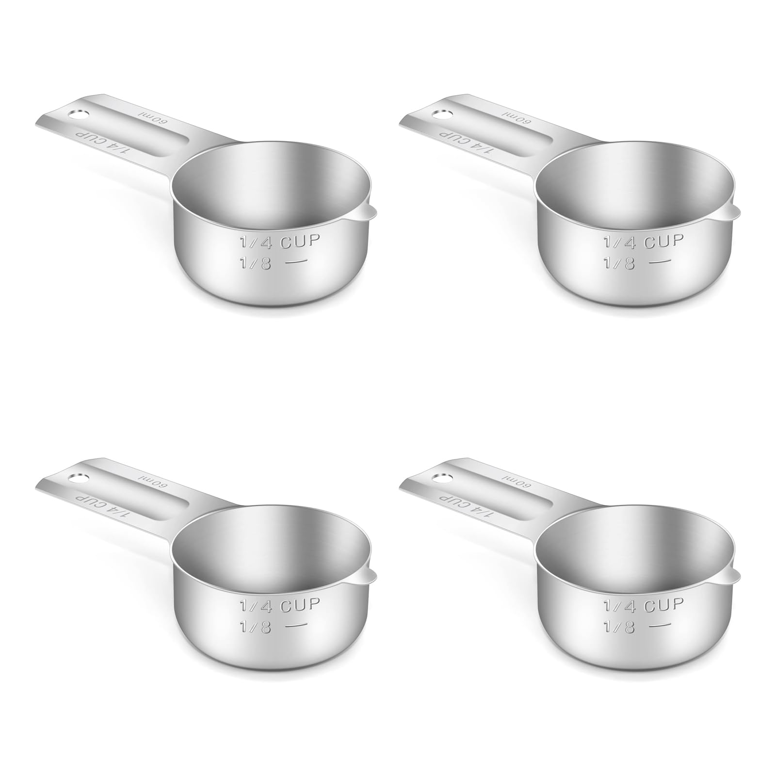 BERYLER 4PCS 1/4Cup (60ml, 2oz) Single Measuring Cup, Stainless Steel Measure Scoop, Metric and US Measurement, Dishwasher Safe