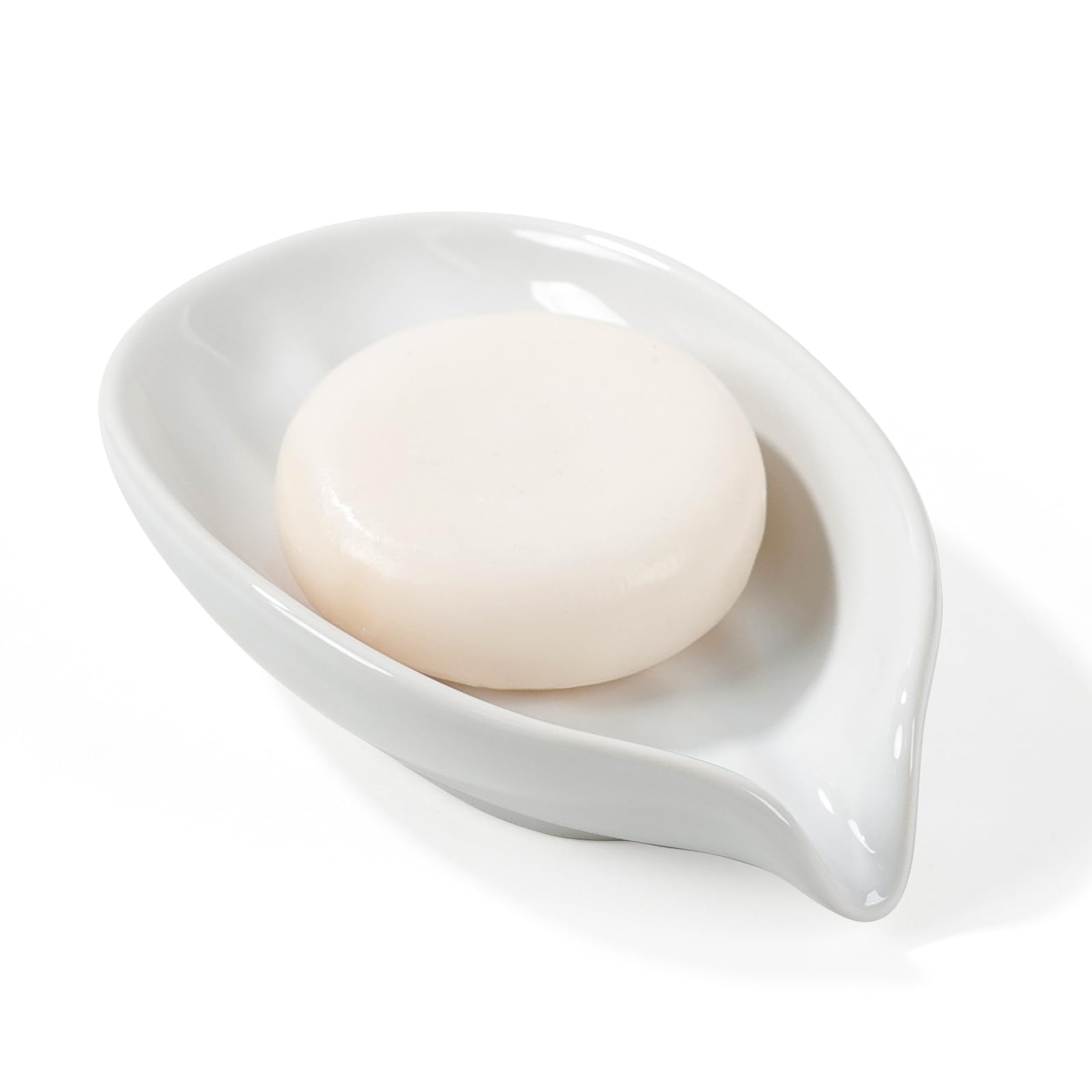 Soap Holder, Self-Draining White Soap Dish, Leaf Shape Ceramic Bar Soap Holder Drain Soap Dishes for Bathroom Sink Kitchen, Easy