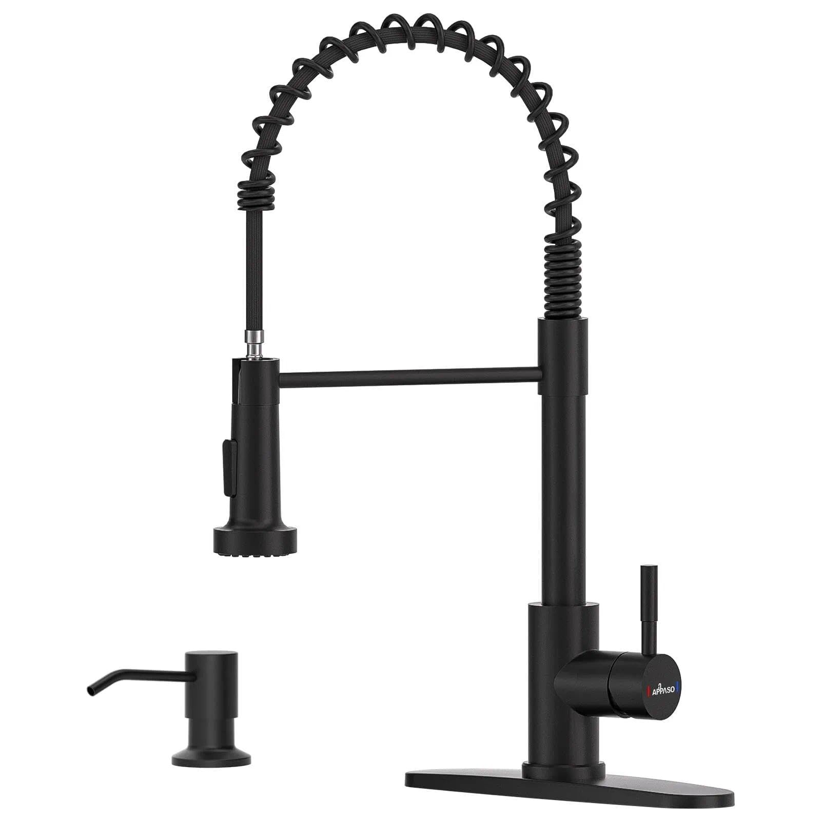 APPASO Black Kitchen Faucet with Soap Dispenser  Pull Down Stainless Steel Commercial Single-Handle Spring Faucet for Kitchen Sink with Deck Plate  Matte Black