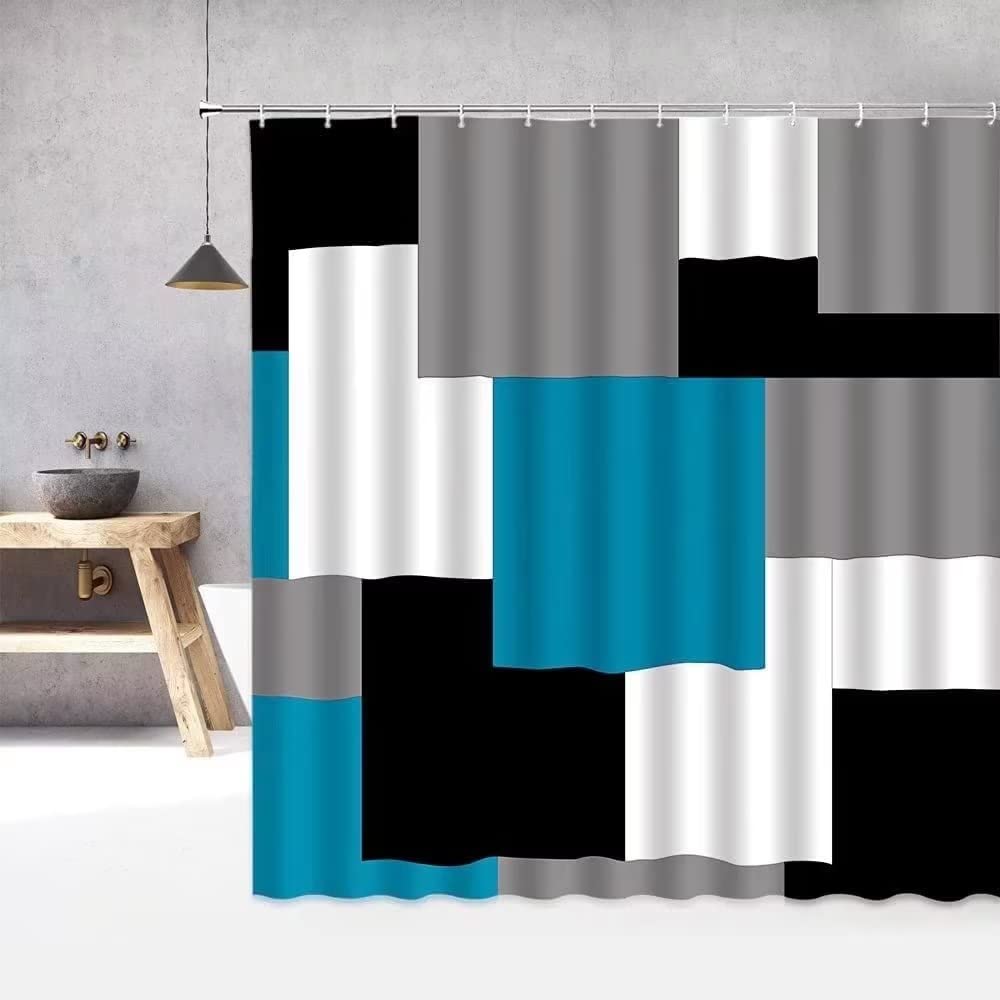 Yizheer Geometric Blue Shower Curtain Sets with Non-Slip Rugs Toilet Lid Cover and Bath Mat  Black and Gray Bathroom Decor Set Accessories Waterproof Shower Curtains
